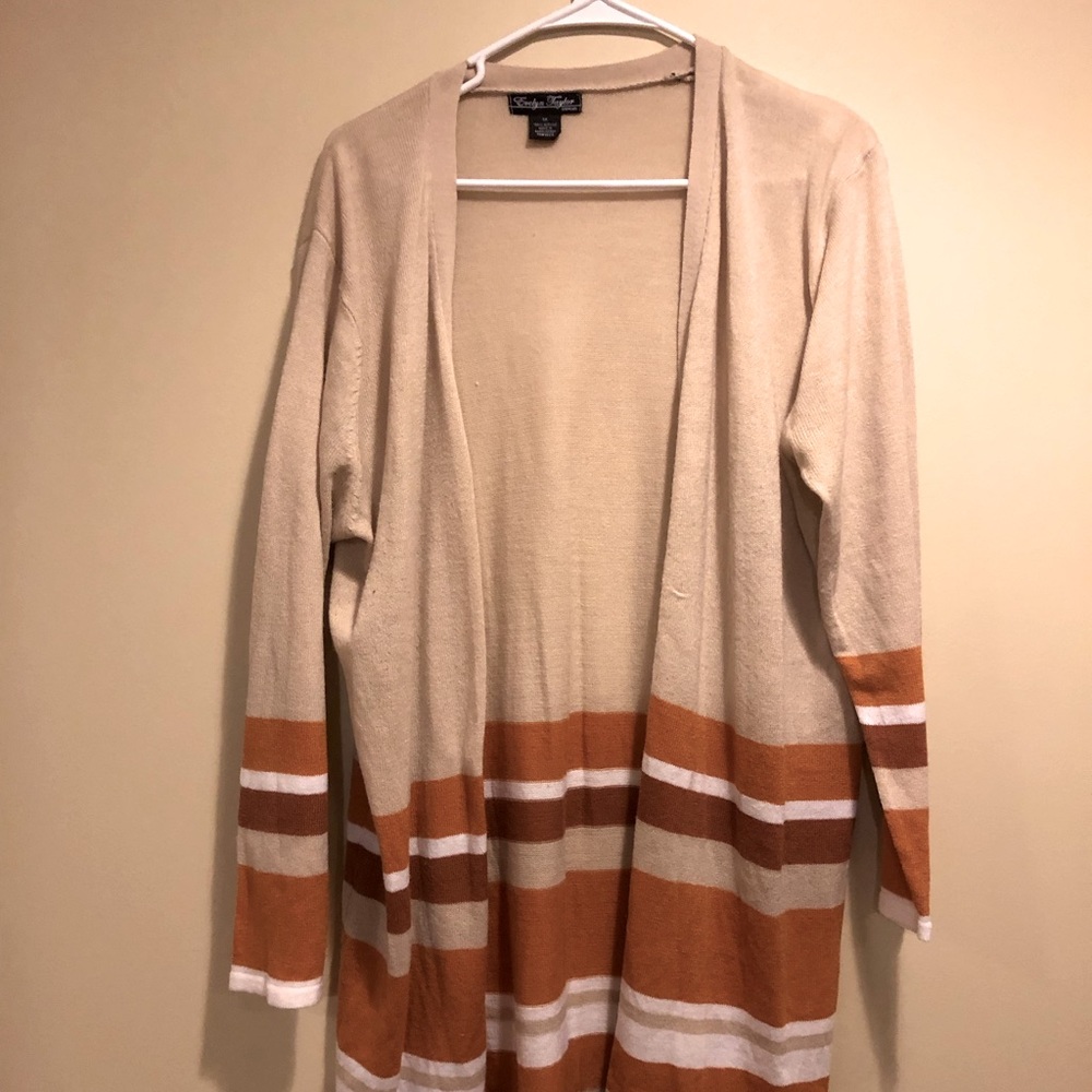 Evelyn Taylor Plus Size cream cardigan with brown and mustard stripes 1X